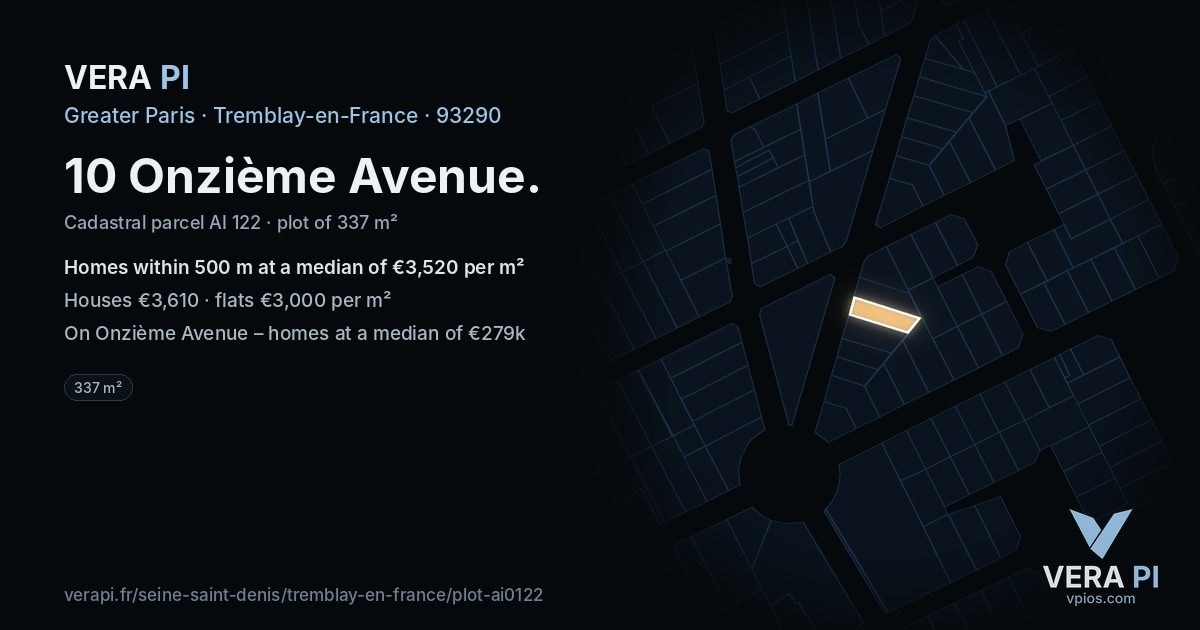10 Onzième Avenue, Tremblay-en-France at night – the plot lit, the parcels around coloured by the prices near them