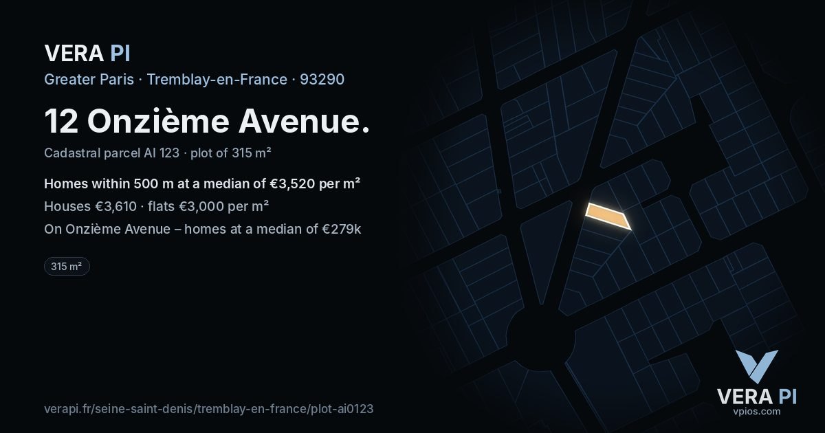 12 Onzième Avenue, Tremblay-en-France at night – the plot lit, the parcels around coloured by the prices near them