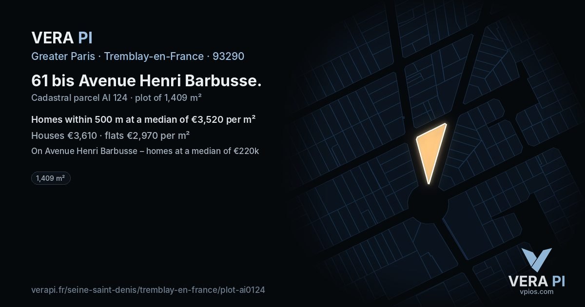 61 bis Avenue Henri Barbusse, Tremblay-en-France at night – the plot lit, the parcels around coloured by the prices near them