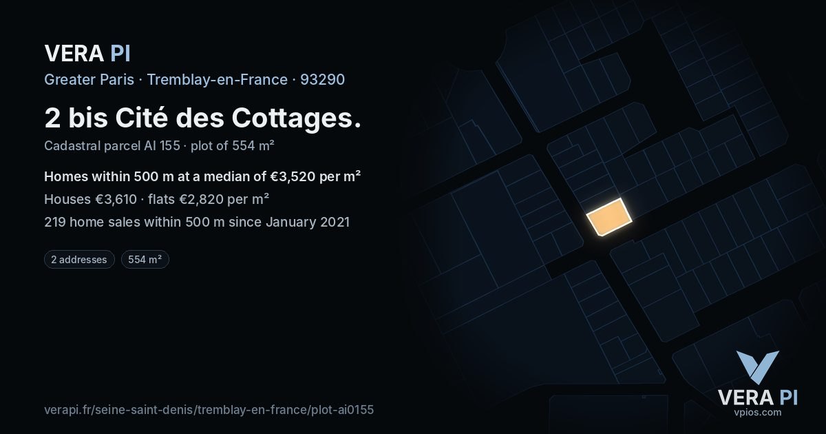 2 bis Cité des Cottages, Tremblay-en-France at night – the plot lit, the parcels around coloured by the prices near them