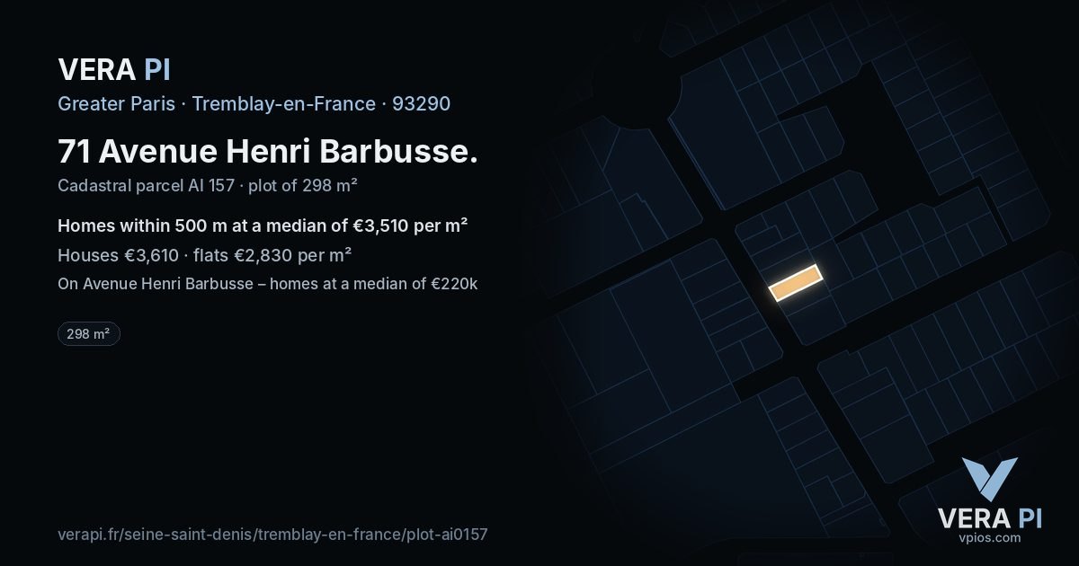 71 Avenue Henri Barbusse, Tremblay-en-France at night – the plot lit, the parcels around coloured by the prices near them