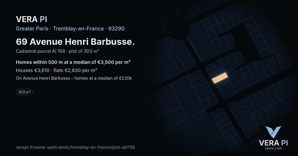 69 Avenue Henri Barbusse, Tremblay-en-France at night – the plot lit, the parcels around coloured by the prices near them