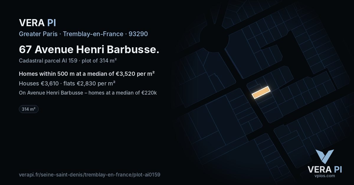 67 Avenue Henri Barbusse, Tremblay-en-France at night – the plot lit, the parcels around coloured by the prices near them