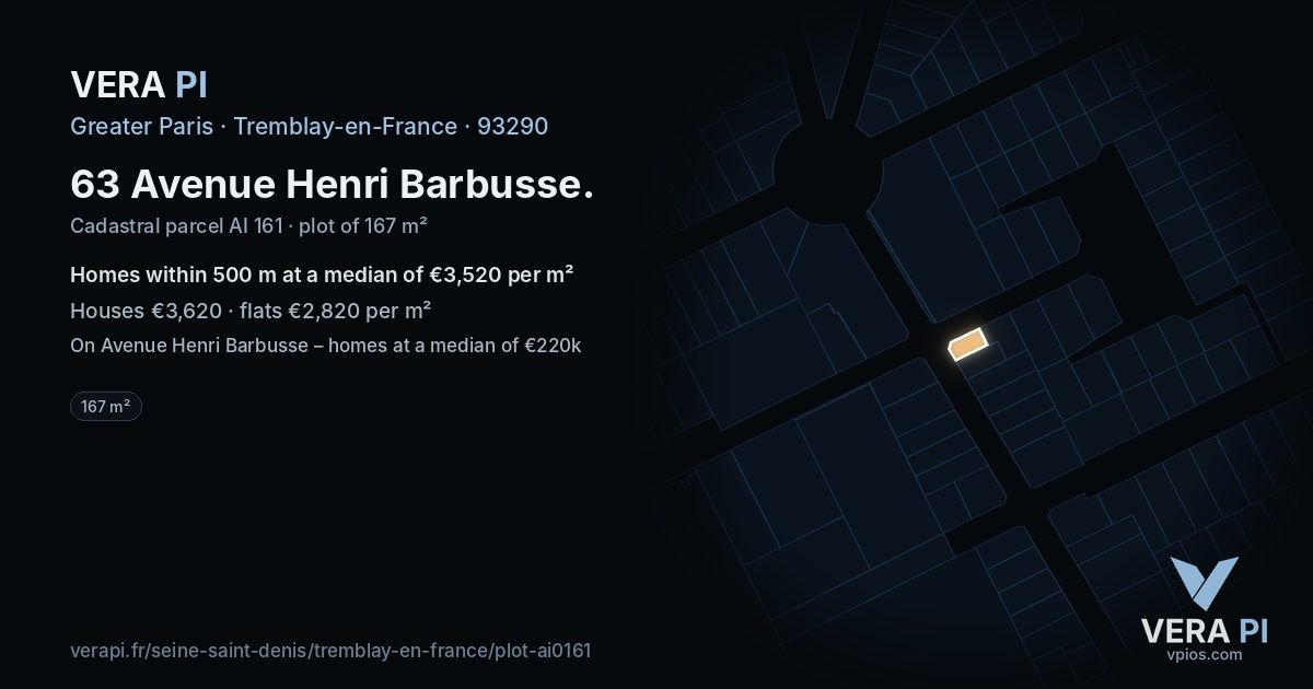 63 Avenue Henri Barbusse, Tremblay-en-France at night – the plot lit, the parcels around coloured by the prices near them