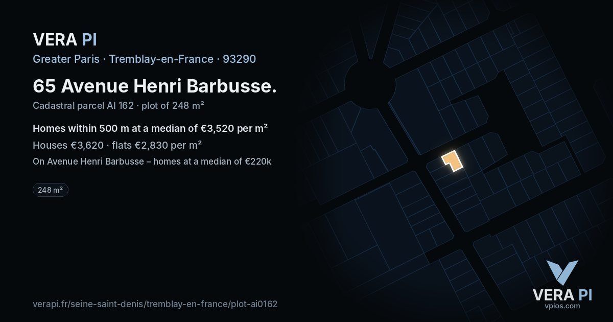 65 Avenue Henri Barbusse, Tremblay-en-France at night – the plot lit, the parcels around coloured by the prices near them