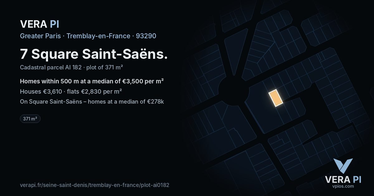 7 Square Saint-Saëns, Tremblay-en-France at night – the plot lit, the parcels around coloured by the prices near them