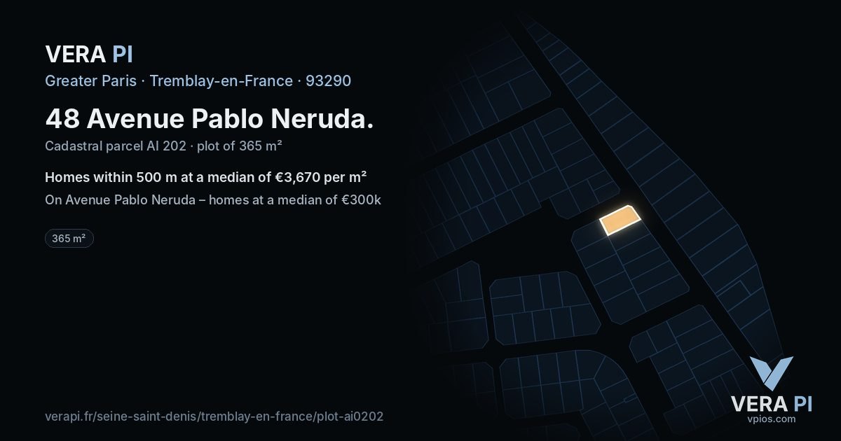48 Avenue Pablo Neruda, Tremblay-en-France at night – the plot lit, the parcels around coloured by the prices near them