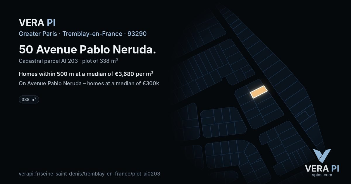 50 Avenue Pablo Neruda, Tremblay-en-France at night – the plot lit, the parcels around coloured by the prices near them