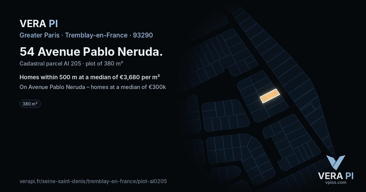 54 Avenue Pablo Neruda, Tremblay-en-France at night – the plot lit, the parcels around coloured by the prices near them