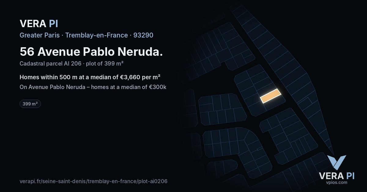 56 Avenue Pablo Neruda, Tremblay-en-France at night – the plot lit, the parcels around coloured by the prices near them