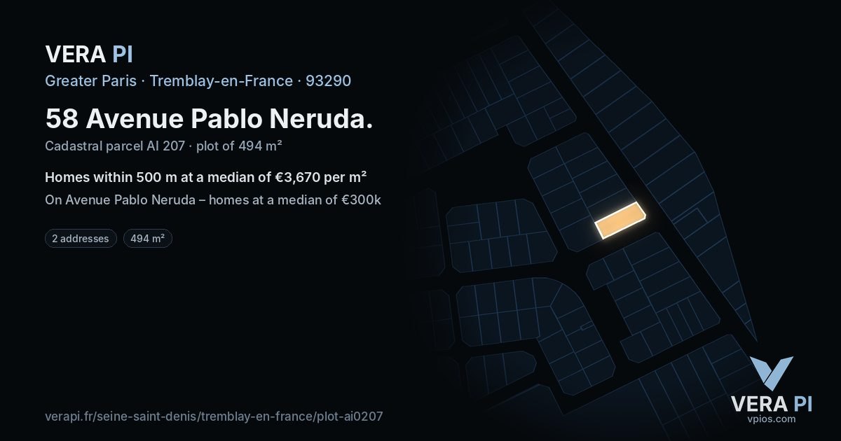 58 Avenue Pablo Neruda, Tremblay-en-France at night – the plot lit, the parcels around coloured by the prices near them