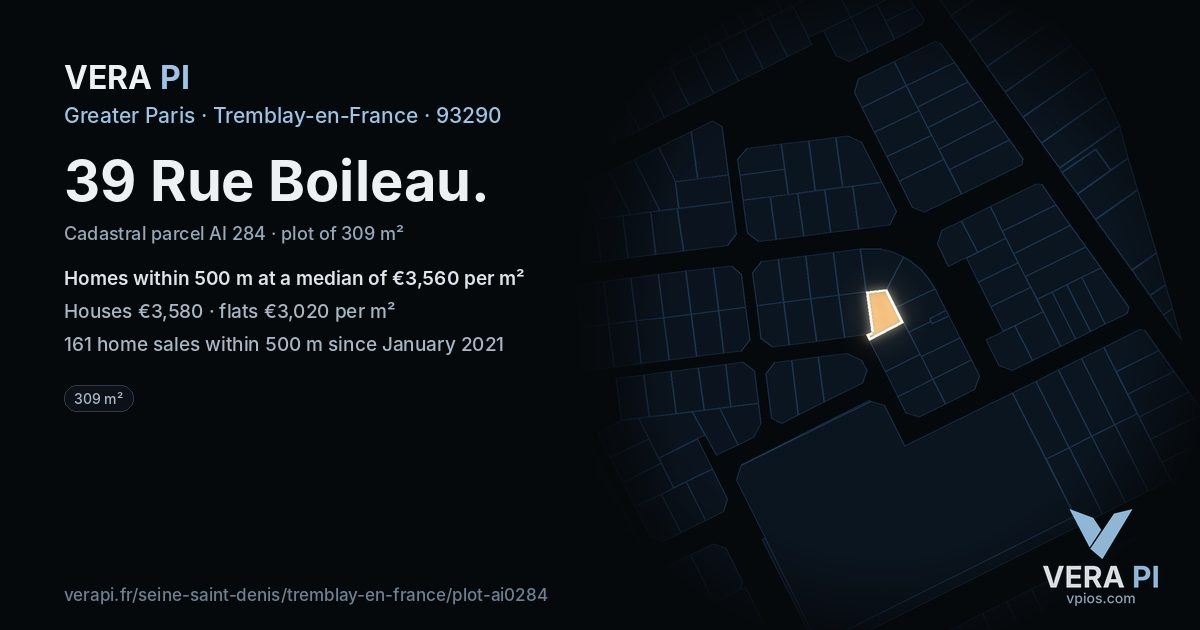 39 Rue Boileau, Tremblay-en-France at night – the plot lit, the parcels around coloured by the prices near them