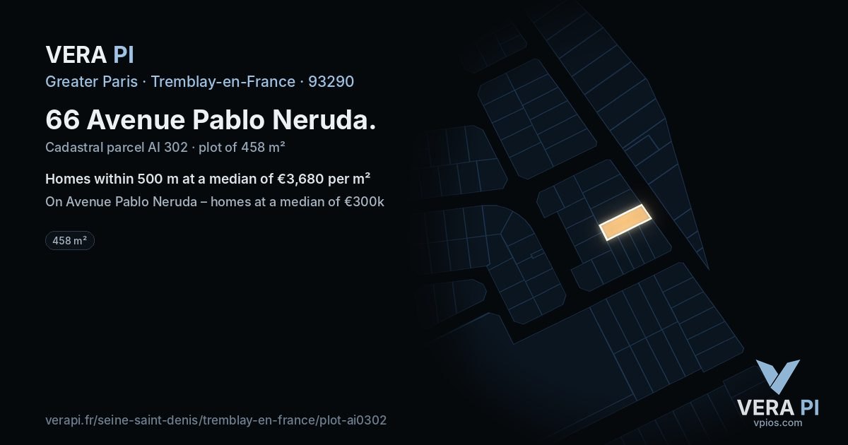 66 Avenue Pablo Neruda, Tremblay-en-France at night – the plot lit, the parcels around coloured by the prices near them
