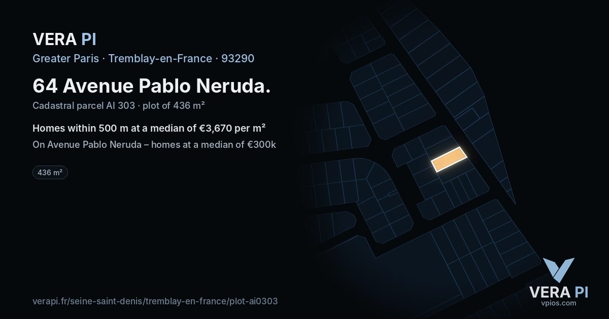 64 Avenue Pablo Neruda, Tremblay-en-France at night – the plot lit, the parcels around coloured by the prices near them