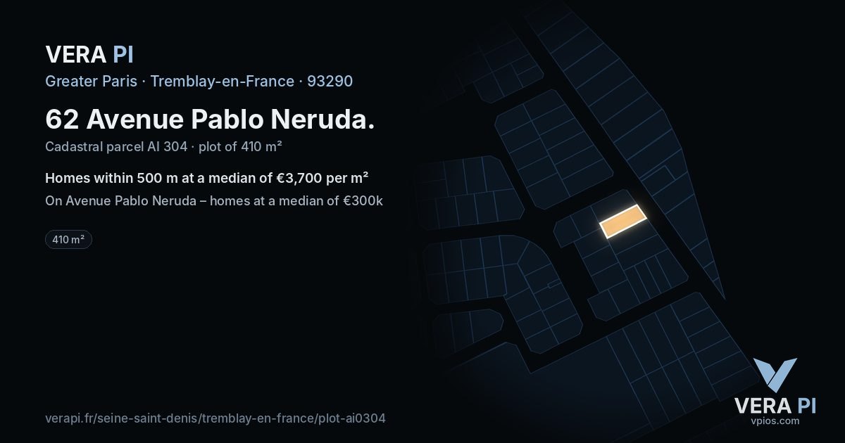 62 Avenue Pablo Neruda, Tremblay-en-France at night – the plot lit, the parcels around coloured by the prices near them