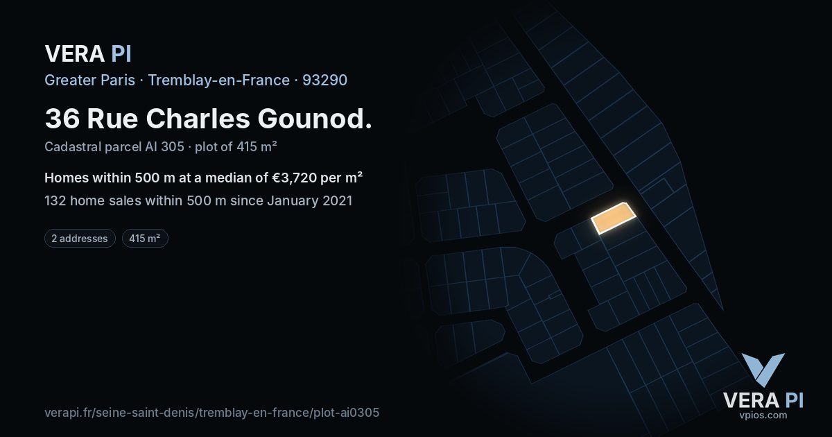 36 Rue Charles Gounod, Tremblay-en-France at night – the plot lit, the parcels around coloured by the prices near them