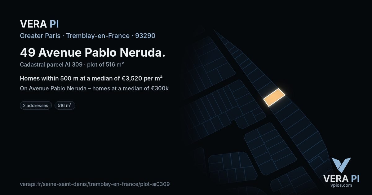 49 Avenue Pablo Neruda, Tremblay-en-France at night – the plot lit, the parcels around coloured by the prices near them