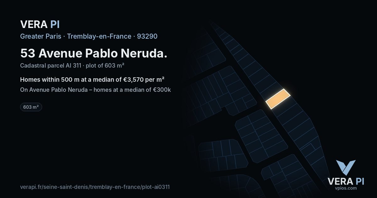53 Avenue Pablo Neruda, Tremblay-en-France at night – the plot lit, the parcels around coloured by the prices near them