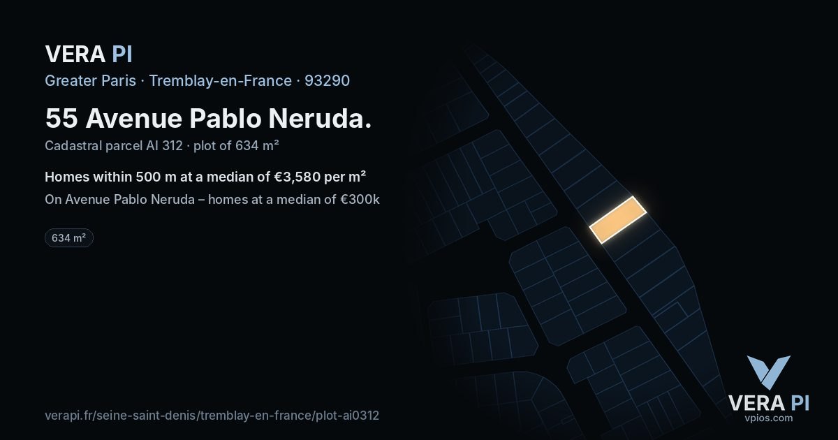 55 Avenue Pablo Neruda, Tremblay-en-France at night – the plot lit, the parcels around coloured by the prices near them