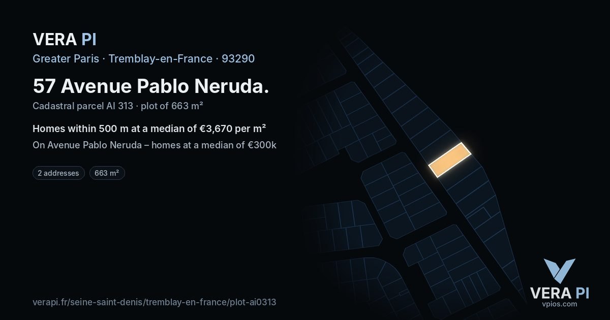 57 Avenue Pablo Neruda, Tremblay-en-France at night – the plot lit, the parcels around coloured by the prices near them