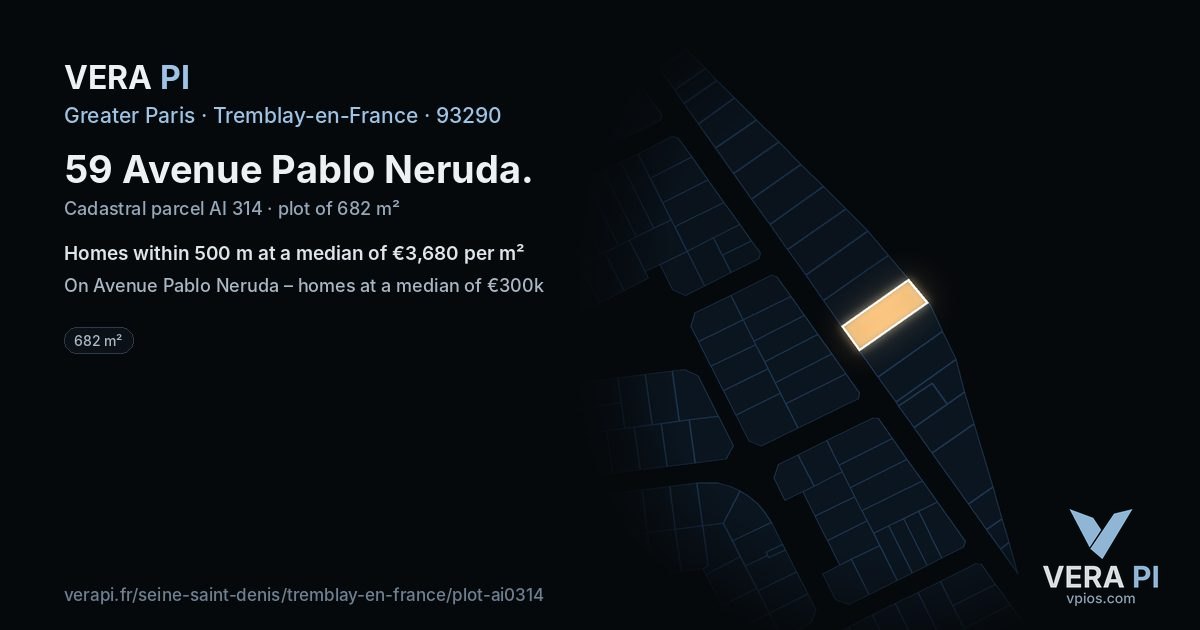 59 Avenue Pablo Neruda, Tremblay-en-France at night – the plot lit, the parcels around coloured by the prices near them