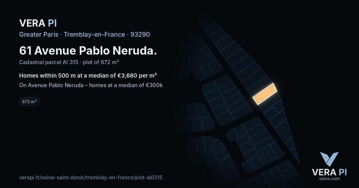 61 Avenue Pablo Neruda, Tremblay-en-France at night – the plot lit, the parcels around coloured by the prices near them
