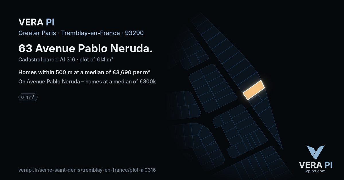 63 Avenue Pablo Neruda, Tremblay-en-France at night – the plot lit, the parcels around coloured by the prices near them