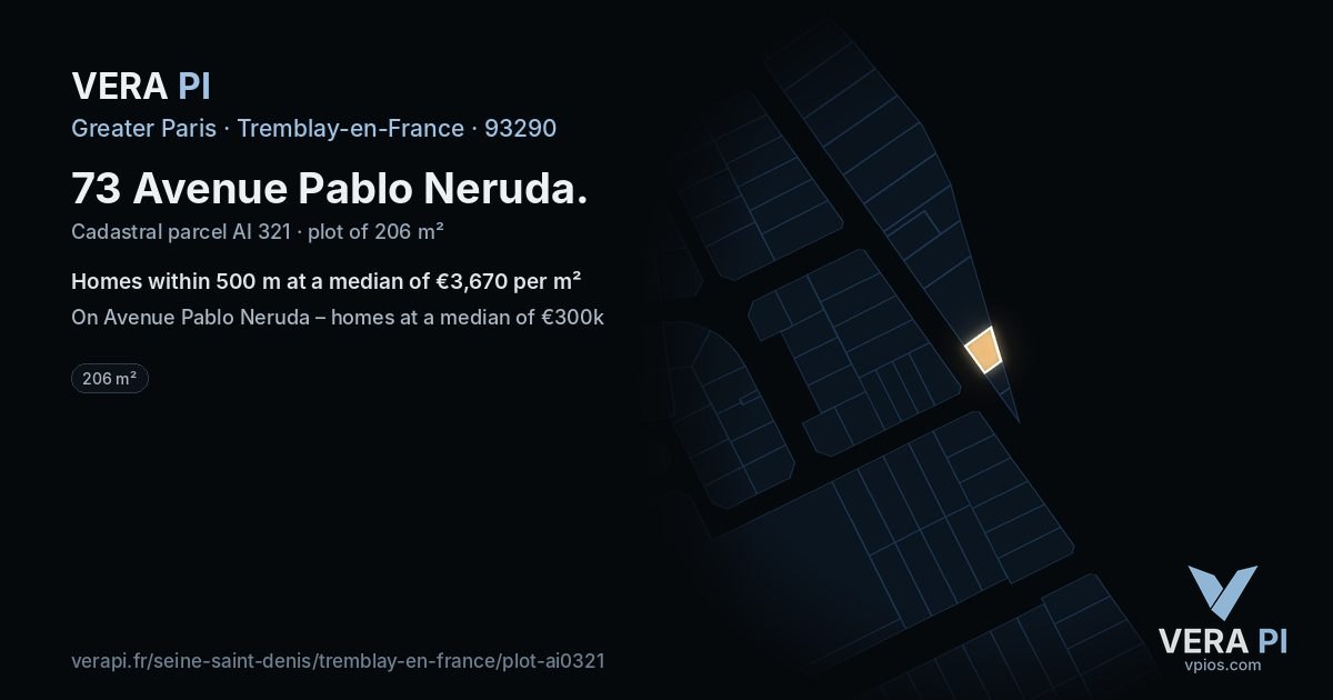 73 Avenue Pablo Neruda, Tremblay-en-France at night – the plot lit, the parcels around coloured by the prices near them