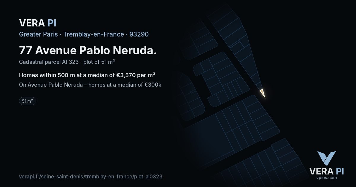 77 Avenue Pablo Neruda, Tremblay-en-France at night – the plot lit, the parcels around coloured by the prices near them