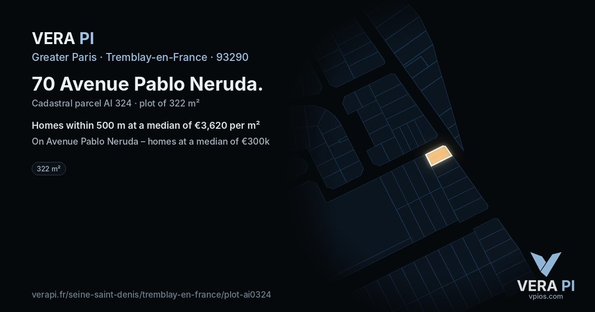 70 Avenue Pablo Neruda, Tremblay-en-France at night – the plot lit, the parcels around coloured by the prices near them