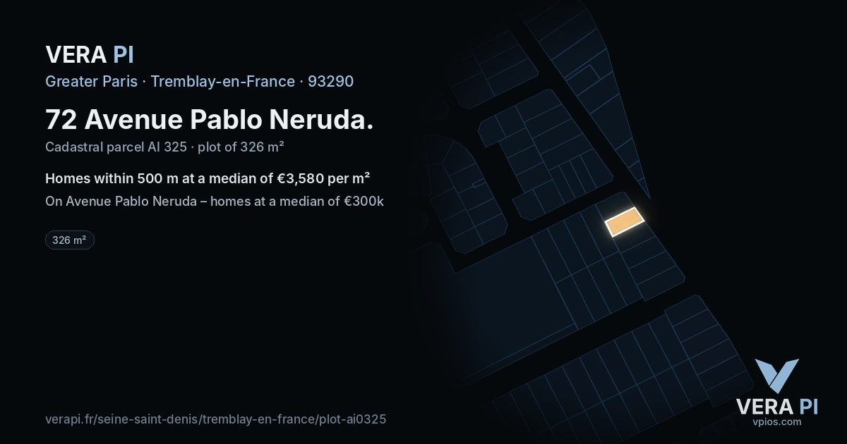 72 Avenue Pablo Neruda, Tremblay-en-France at night – the plot lit, the parcels around coloured by the prices near them