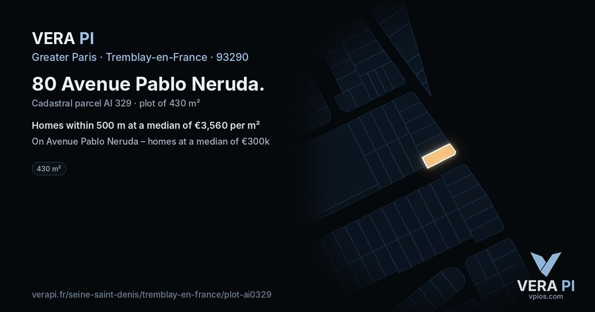 80 Avenue Pablo Neruda, Tremblay-en-France at night – the plot lit, the parcels around coloured by the prices near them