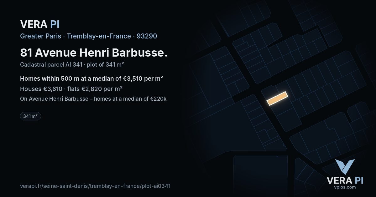 81 Avenue Henri Barbusse, Tremblay-en-France at night – the plot lit, the parcels around coloured by the prices near them