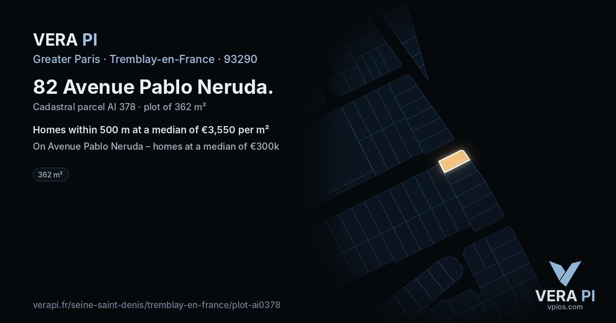 82 Avenue Pablo Neruda, Tremblay-en-France at night – the plot lit, the parcels around coloured by the prices near them