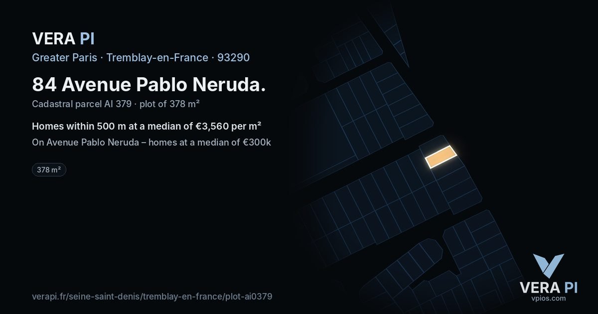 84 Avenue Pablo Neruda, Tremblay-en-France at night – the plot lit, the parcels around coloured by the prices near them