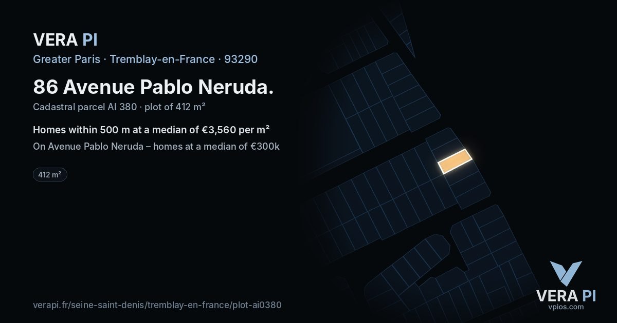 86 Avenue Pablo Neruda, Tremblay-en-France at night – the plot lit, the parcels around coloured by the prices near them