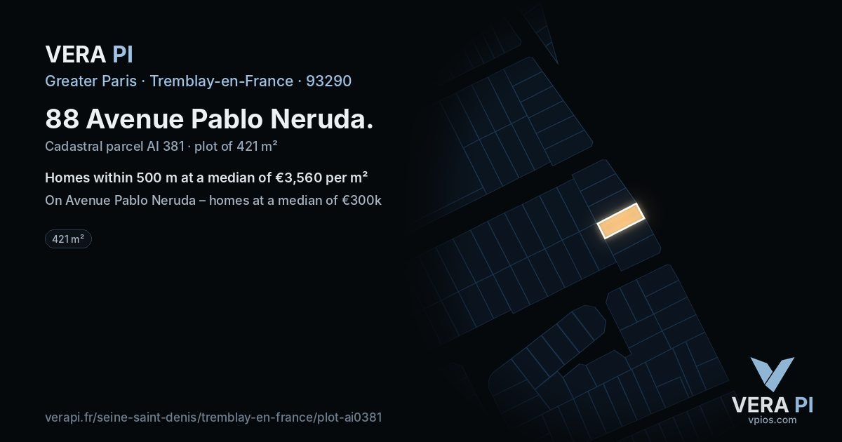 88 Avenue Pablo Neruda, Tremblay-en-France at night – the plot lit, the parcels around coloured by the prices near them