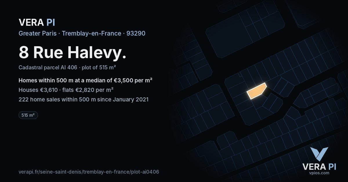 8 Rue Halevy, Tremblay-en-France at night – the plot lit, the parcels around coloured by the prices near them