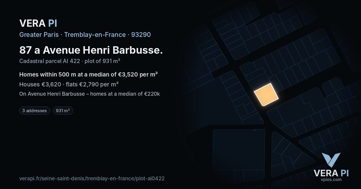 87 a Avenue Henri Barbusse, Tremblay-en-France at night – the plot lit, the parcels around coloured by the prices near them