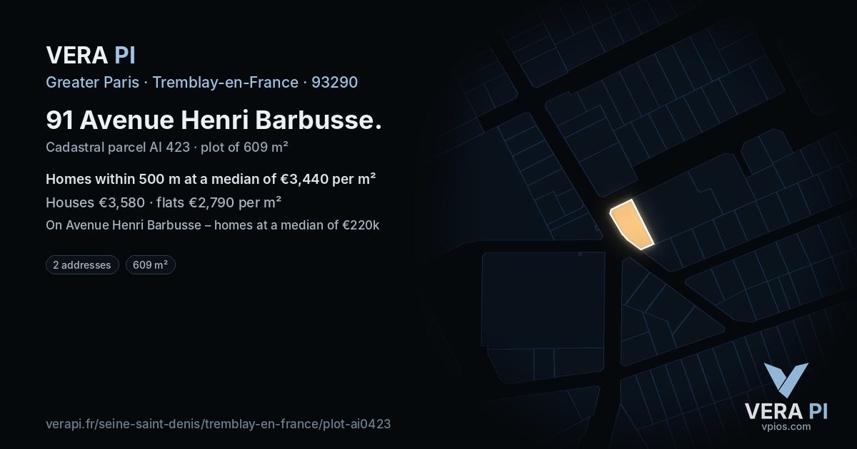 91 Avenue Henri Barbusse, Tremblay-en-France at night – the plot lit, the parcels around coloured by the prices near them