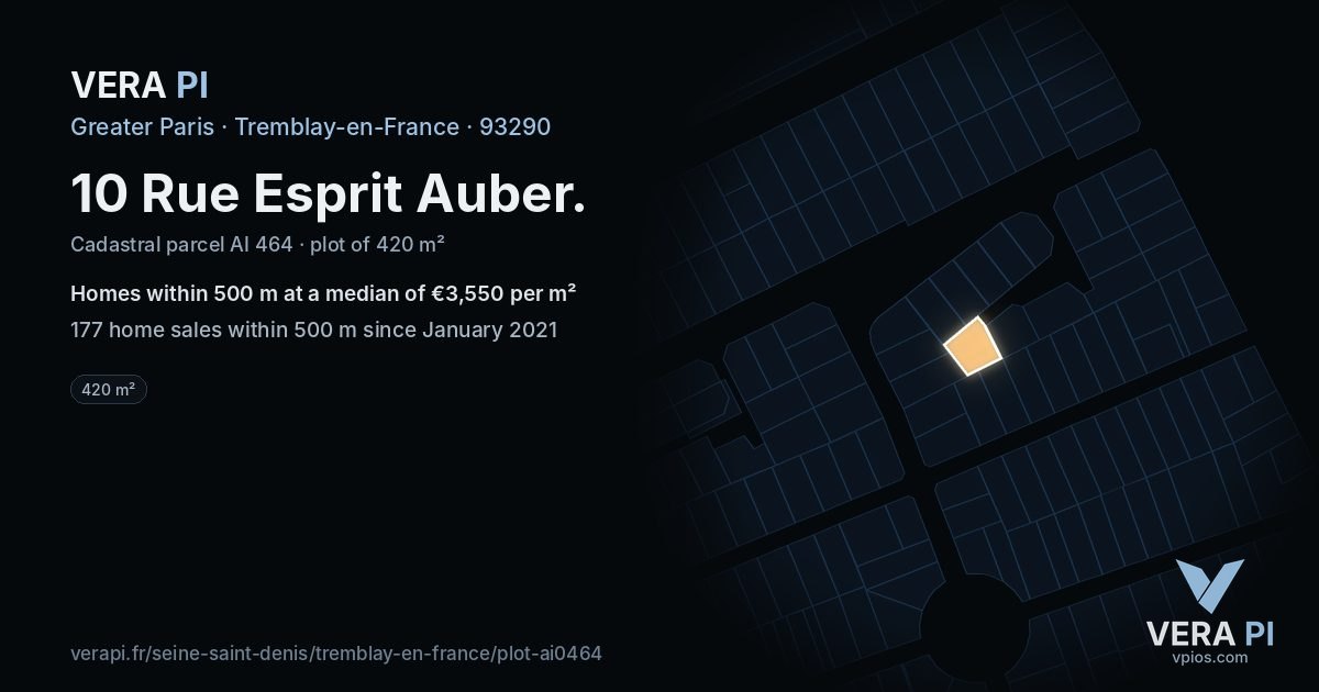 10 Rue Esprit Auber, Tremblay-en-France at night – the plot lit, the parcels around coloured by the prices near them