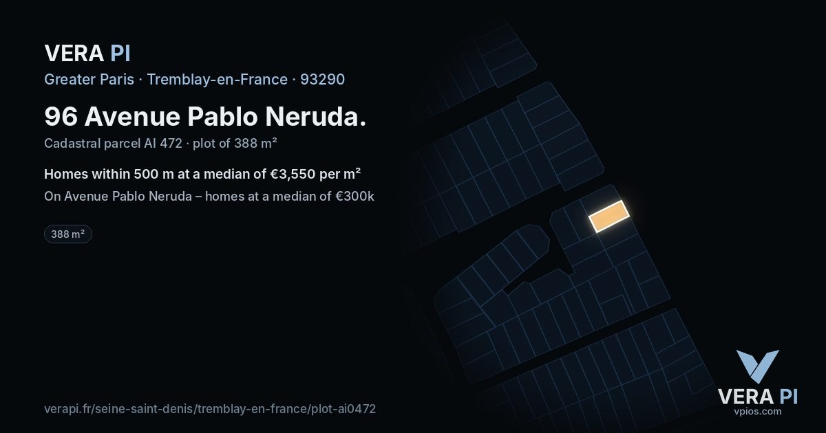 96 Avenue Pablo Neruda, Tremblay-en-France at night – the plot lit, the parcels around coloured by the prices near them