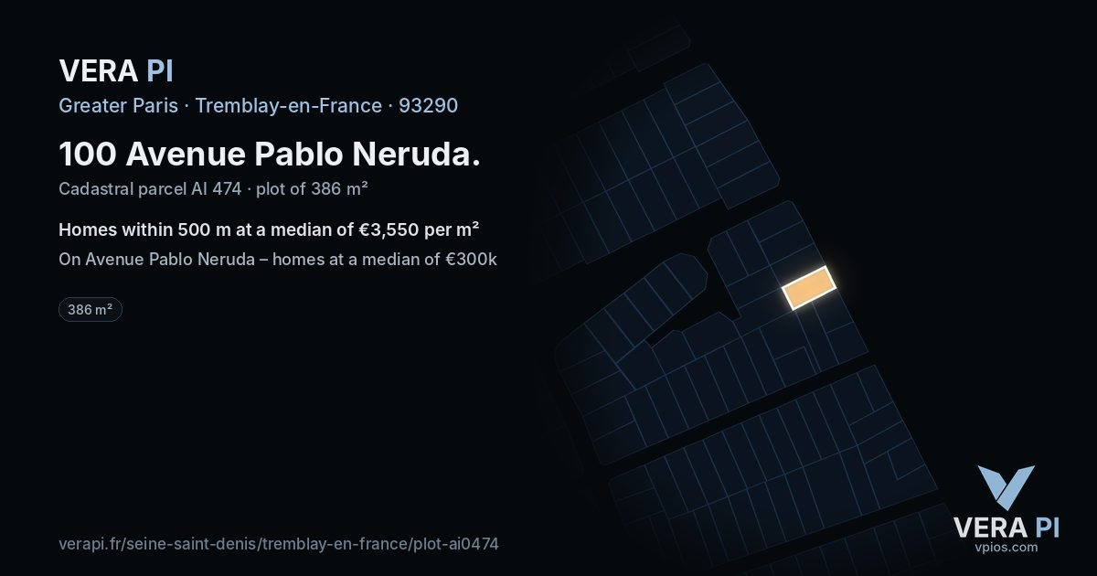 100 Avenue Pablo Neruda, Tremblay-en-France at night – the plot lit, the parcels around coloured by the prices near them