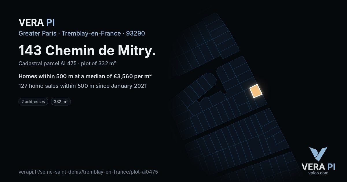 143 Chemin de Mitry, Tremblay-en-France at night – the plot lit, the parcels around coloured by the prices near them