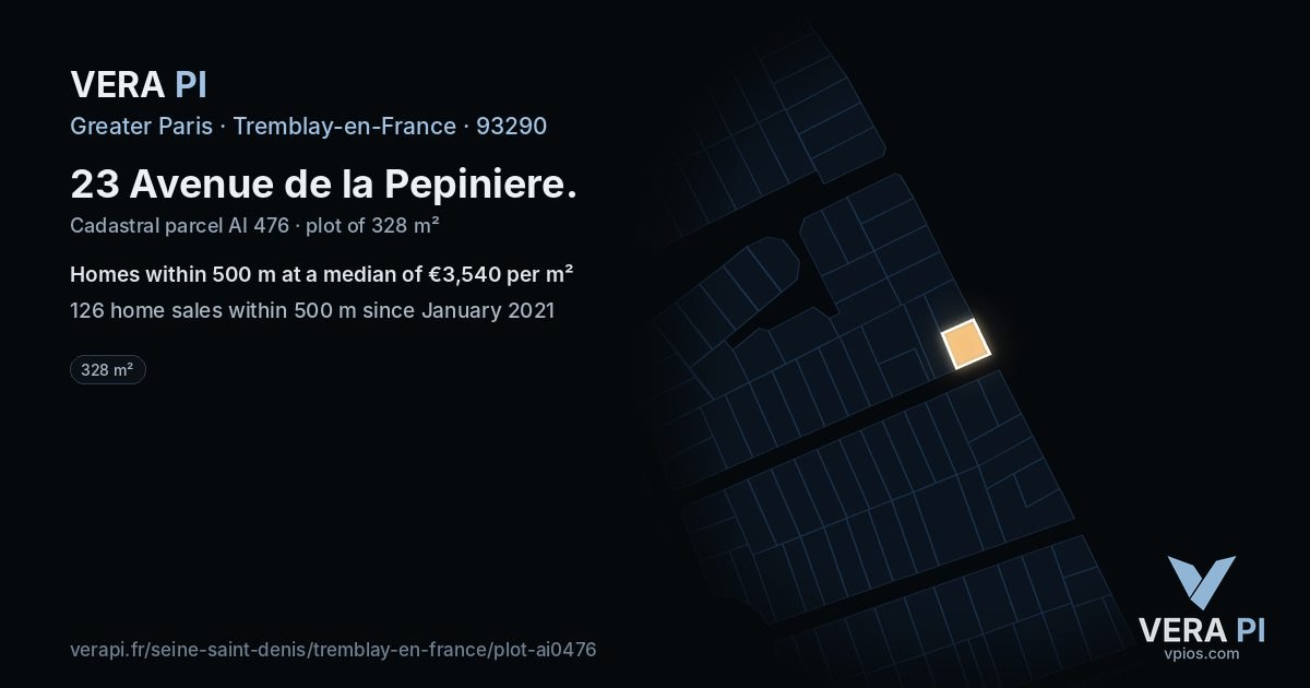 23 Avenue de la Pepiniere, Tremblay-en-France at night – the plot lit, the parcels around coloured by the prices near them
