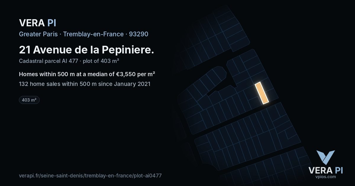 21 Avenue de la Pepiniere, Tremblay-en-France at night – the plot lit, the parcels around coloured by the prices near them