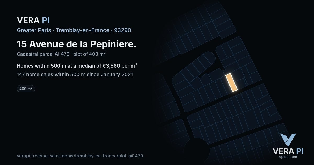 15 Avenue de la Pepiniere, Tremblay-en-France at night – the plot lit, the parcels around coloured by the prices near them