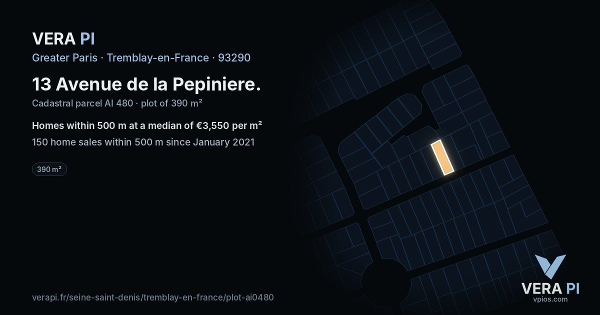 13 Avenue de la Pepiniere, Tremblay-en-France at night – the plot lit, the parcels around coloured by the prices near them