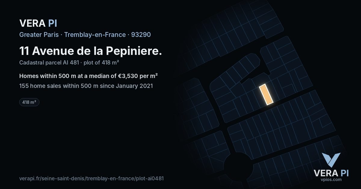 11 Avenue de la Pepiniere, Tremblay-en-France at night – the plot lit, the parcels around coloured by the prices near them