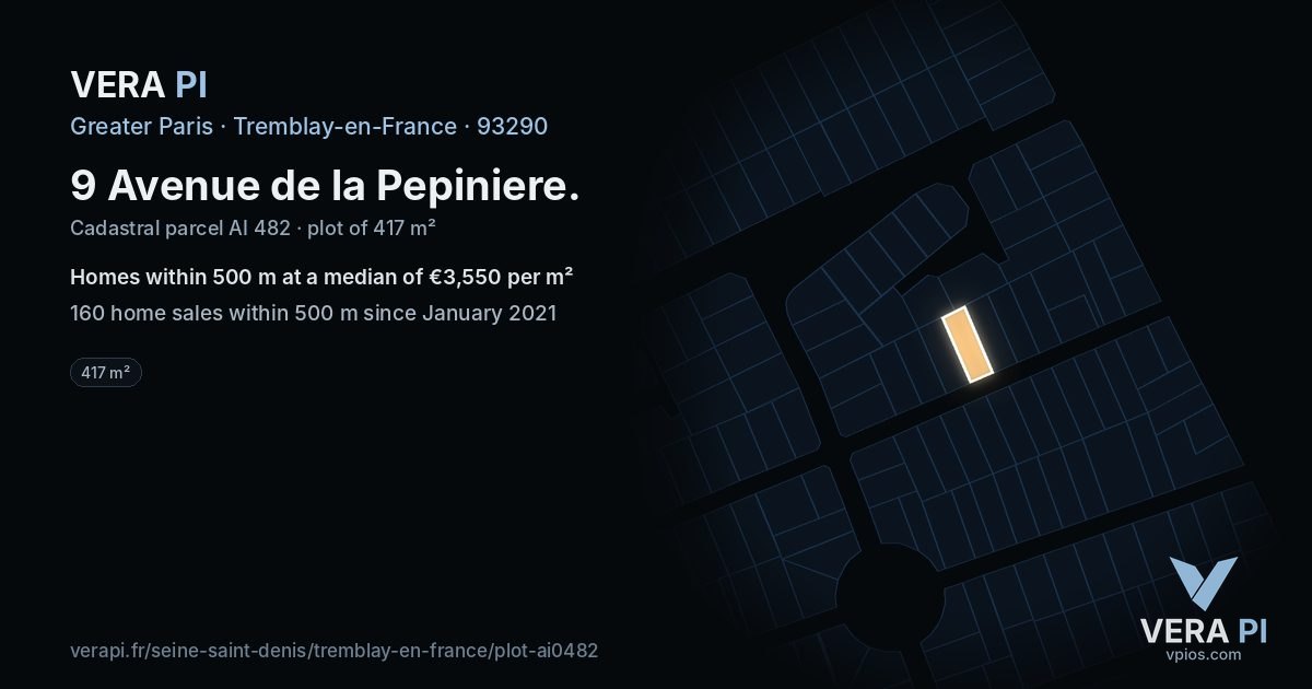 9 Avenue de la Pepiniere, Tremblay-en-France at night – the plot lit, the parcels around coloured by the prices near them